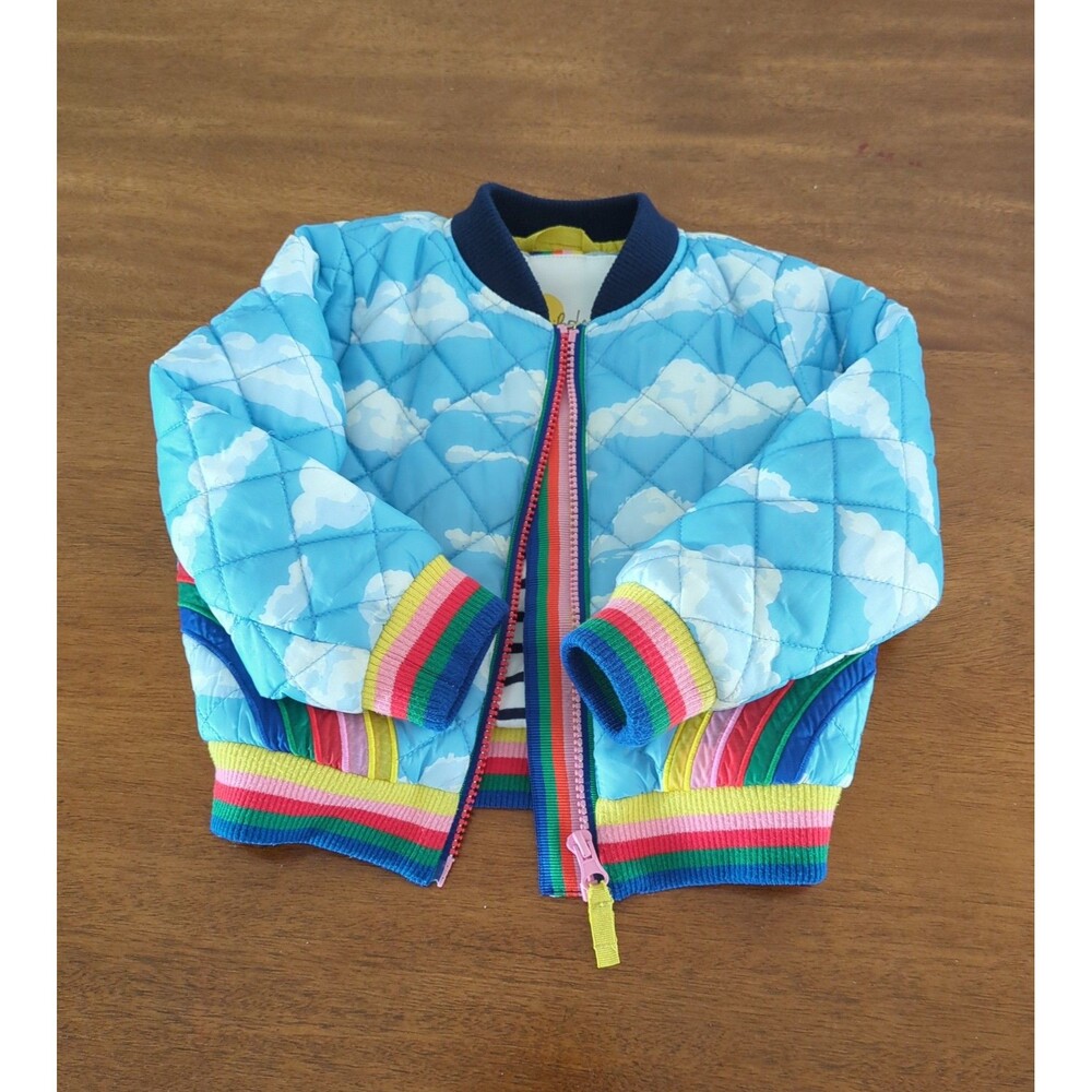 Mini Boden Girl Kids Cloud Bomber Jacket In Surfboard Blue Clouds size 2/3 GUC